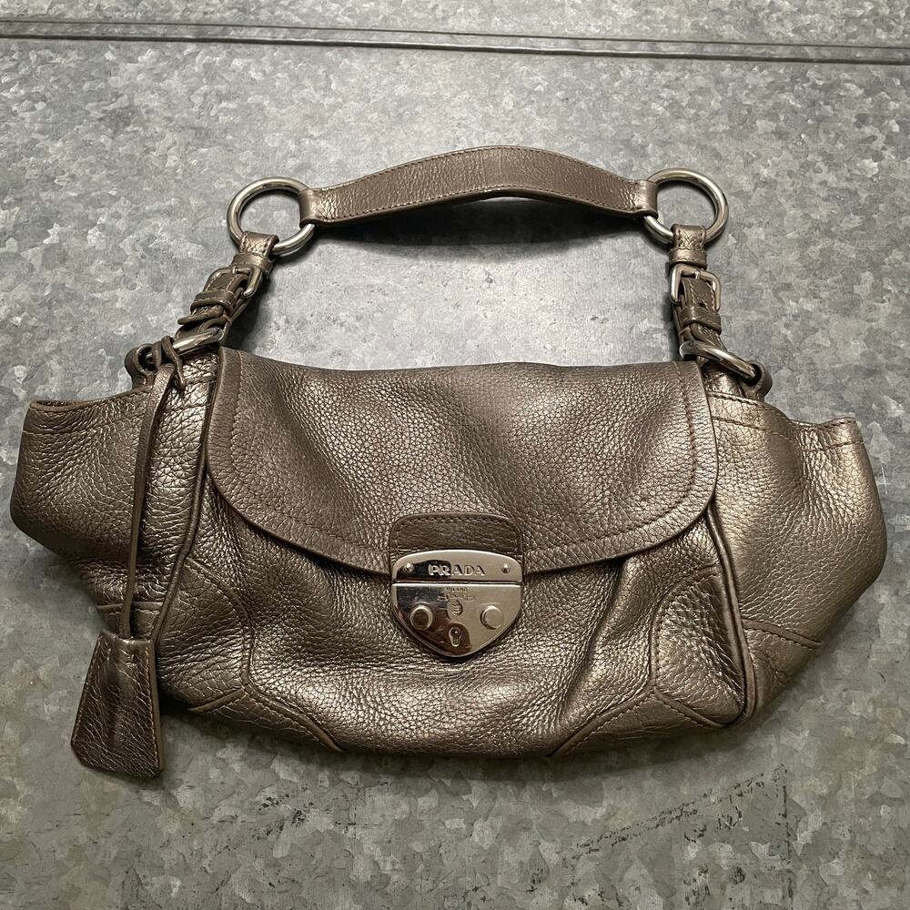 Prada Metallic Vitello Daino Lock Shoulder Bag Purse Gray Pewter Italy Vintage